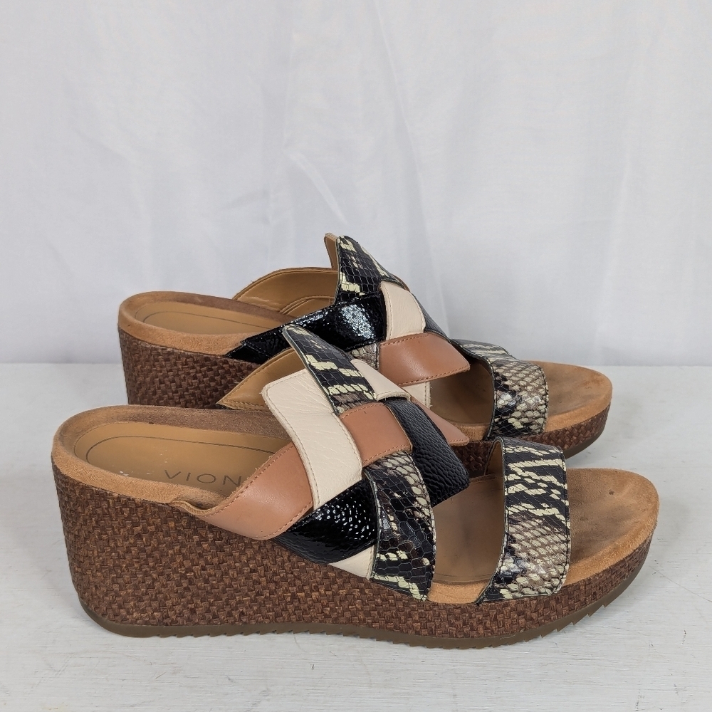Vionic Tara Ray Snakeskin Leather Wedge Slide Sandals Heels - Size - Picture 2 of 7